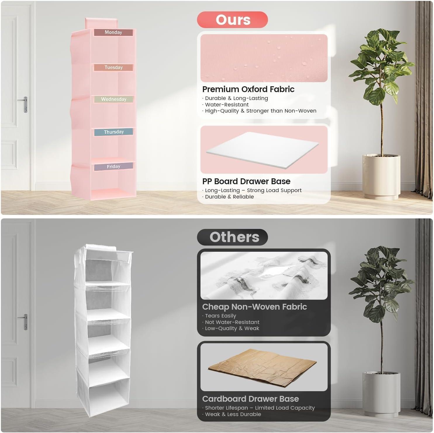 image:imageWeekly Clothes Organizer for Kids 5Shelf Kid Hanging Closet Organizer w 6 Side Pockets Labeled Weekly Outfit Organizer for Kids Days of The Week Clothes Organizer Monday Through Friday WhitePink5 Shelves