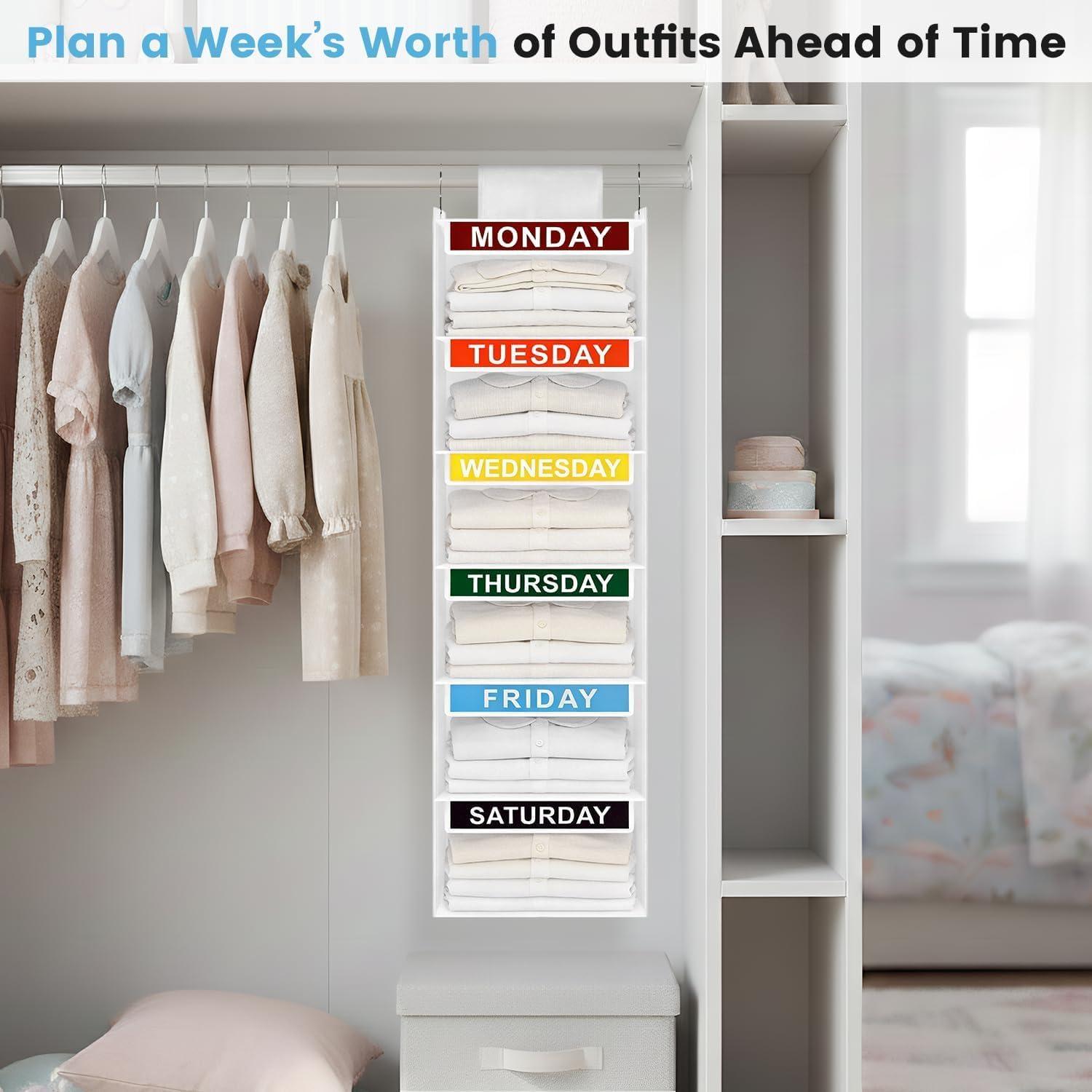image:imageWeekly Clothes Organizer for Kids 5Shelf Kid Hanging Closet Organizer w 6 Side Pockets Labeled Weekly Outfit Organizer for Kids Days of The Week Clothes Organizer Monday Through Friday WhiteWhite6 Shelves