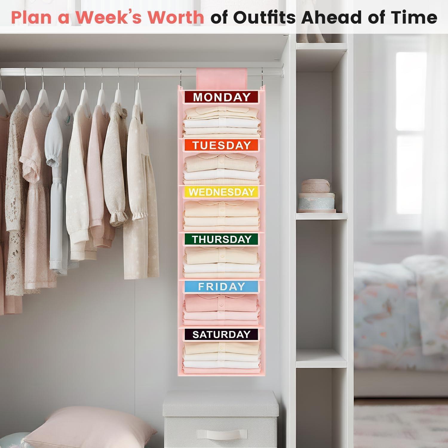 image:imageWeekly Clothes Organizer for Kids 5Shelf Kid Hanging Closet Organizer w 6 Side Pockets Labeled Weekly Outfit Organizer for Kids Days of The Week Clothes Organizer Monday Through Friday WhitePink6 Shelves
