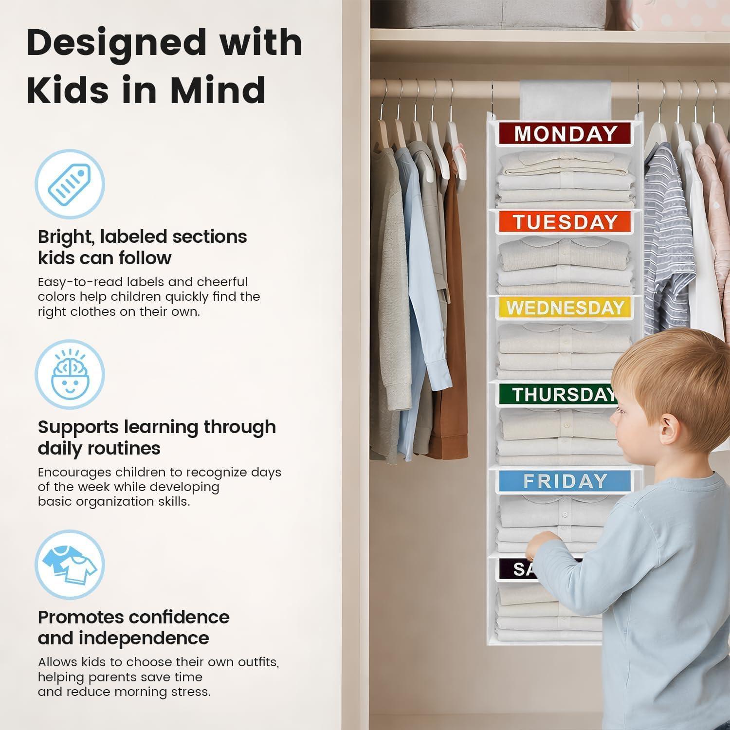 image:imageWeekly Clothes Organizer for Kids 5Shelf Kid Hanging Closet Organizer w 6 Side Pockets Labeled Weekly Outfit Organizer for Kids Days of The Week Clothes Organizer Monday Through Friday WhiteWhite6 Shelves