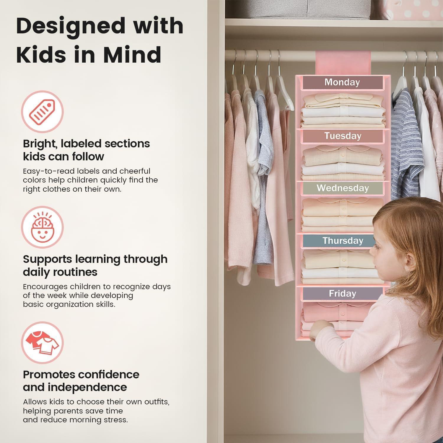 image:imageWeekly Clothes Organizer for Kids 5Shelf Kid Hanging Closet Organizer w 6 Side Pockets Labeled Weekly Outfit Organizer for Kids Days of The Week Clothes Organizer Monday Through Friday WhitePink5 Shelves