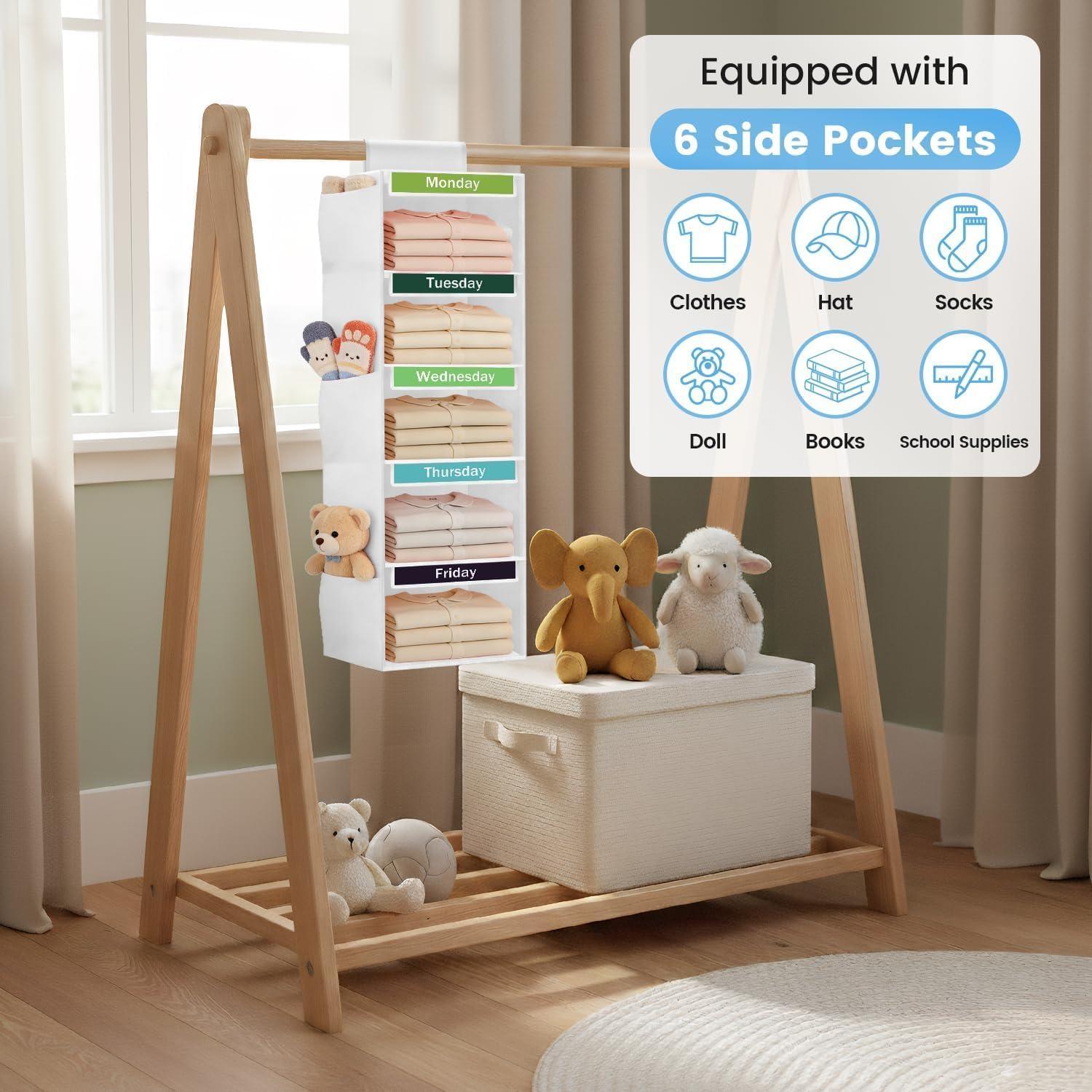 image:imageWeekly Clothes Organizer for Kids 5Shelf Kid Hanging Closet Organizer w 6 Side Pockets Labeled Weekly Outfit Organizer for Kids Days of The Week Clothes Organizer Monday Through Friday WhiteWhite5 Shelves