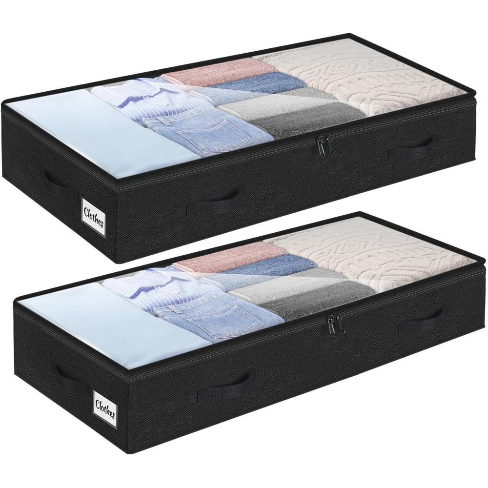image:image2 Pack 100L Under Bed Storage Containers Low Profile Closet Organizers and Storage Bins for Dorm Foldable Underbed Bag for Clothes Blanket Sheet Wrapping Paper Clear Window amp Dual Zippers Black