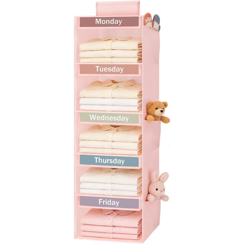 image:imageWeekly Clothes Organizer for Kids 5Shelf Kid Hanging Closet Organizer w 6 Side Pockets Labeled Weekly Outfit Organizer for Kids Days of The Week Clothes Organizer Monday Through Friday WhitePink5 Shelves