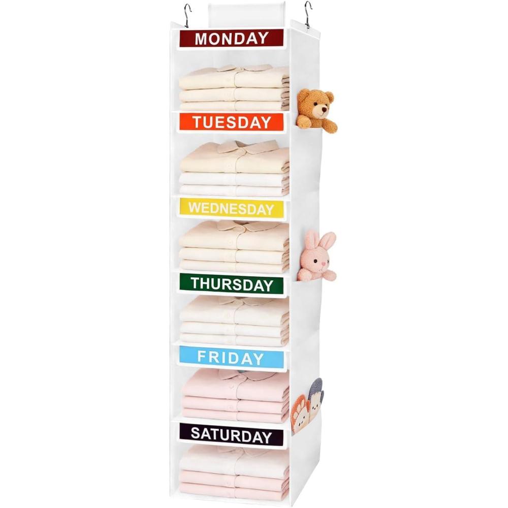 image:imageWeekly Clothes Organizer for Kids 5Shelf Kid Hanging Closet Organizer w 6 Side Pockets Labeled Weekly Outfit Organizer for Kids Days of The Week Clothes Organizer Monday Through Friday WhiteWhite6 Shelves