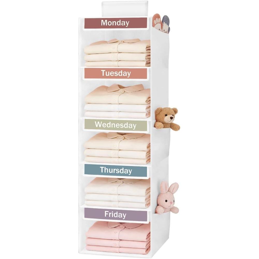 image:imageWeekly Clothes Organizer for Kids 5Shelf Kid Hanging Closet Organizer w 6 Side Pockets Labeled Weekly Outfit Organizer for Kids Days of The Week Clothes Organizer Monday Through Friday WhiteWhite5 Shelves