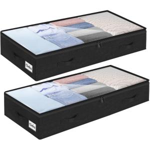 2 Pack 100L Under Bed Storage Containers, Low Profile Closet Organizers and Storage Bins for Dorm, Foldable Underbed Bag for Clothes, Blanket, Sheet, Wrapping Paper, Clear Window & Dual Zippers, Black