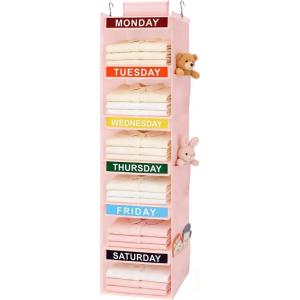 Weekly Clothes Organizer for Kids, 5-Shelf Kid Hanging Closet Organizer w/ 6 Side Pockets, Labeled Weekly Outfit Organizer for Kids, Days of The Week Clothes Organizer Monday Through Friday White(Pink-6 Shelves)