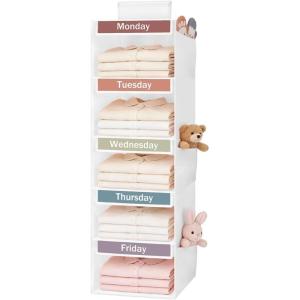 Weekly Clothes Organizer for Kids, 5-Shelf Kid Hanging Closet Organizer w/ 6 Side Pockets, Labeled Weekly Outfit Organizer for Kids, Days of The Week Clothes Organizer Monday Through Friday White(White-5 Shelves)