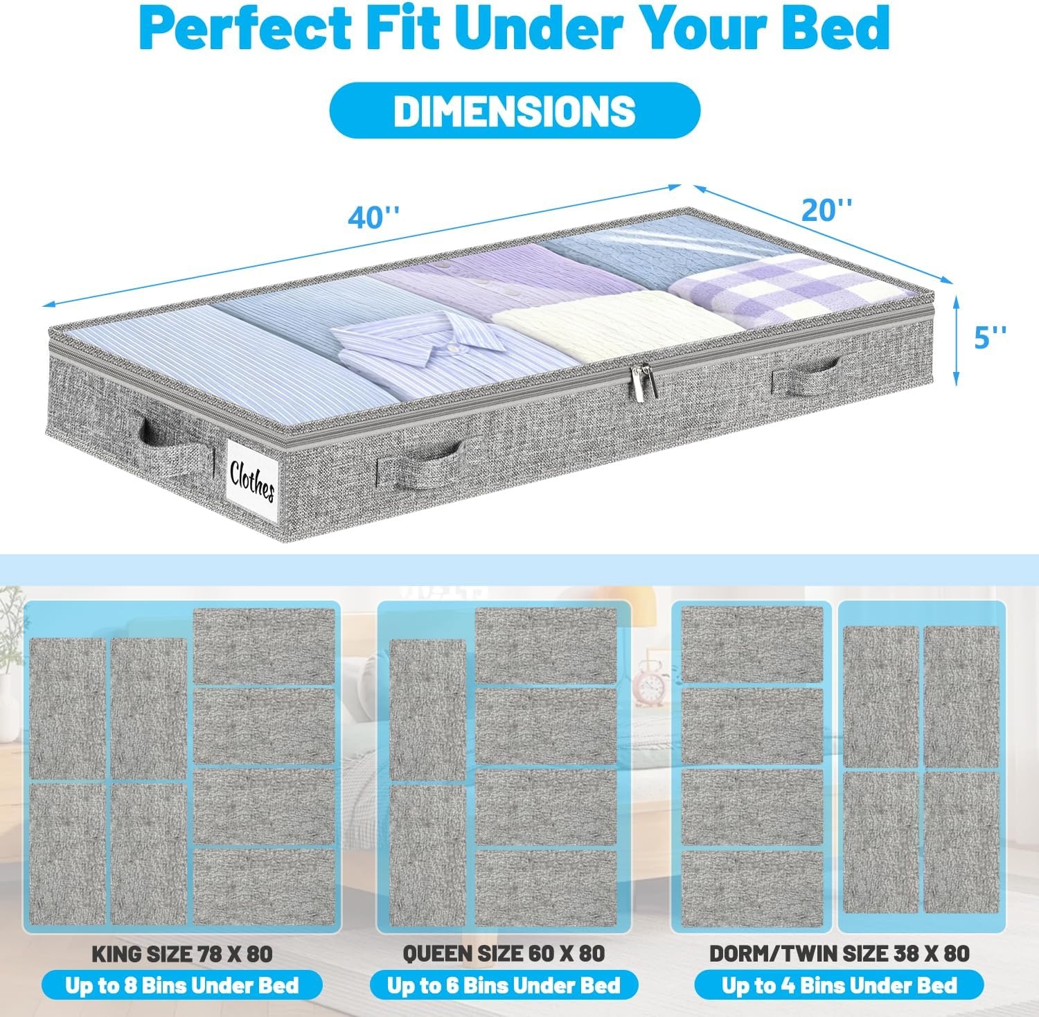 image:image5 Inch Low Profile Under Bed Storage Drawer 2 Pack Lightweight Underbed Clothes Storage Container Bins With NO STURCTURE Shallow Storage Bag for Dorm amp Home With Clear Lids amp WaterResistant FabricSoftGray2 Pack