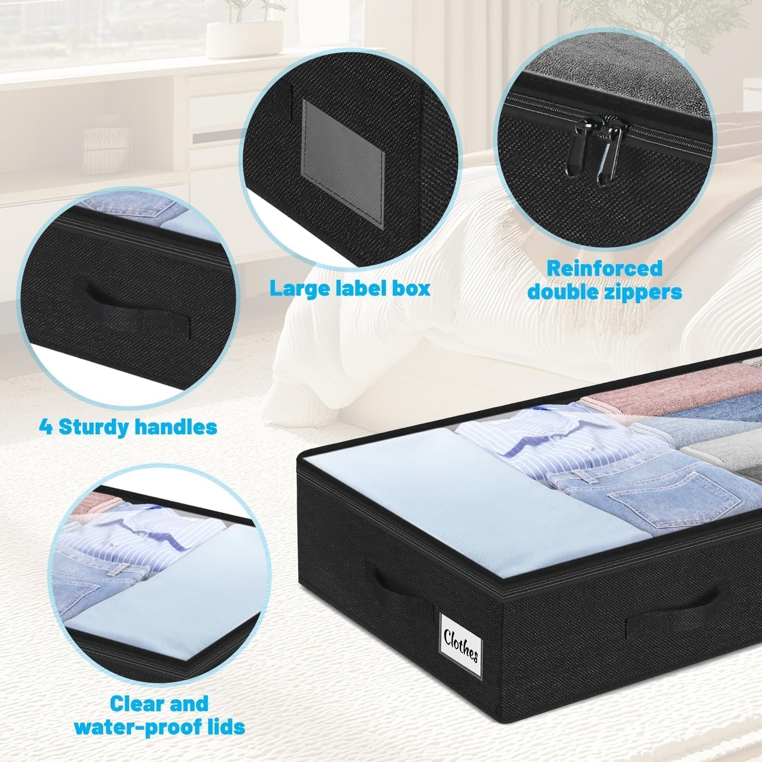 image:image5 Inch Low Profile Under Bed Storage Drawer 2 Pack Lightweight Underbed Clothes Storage Container Bins With NO STURCTURE Shallow Storage Bag for Dorm amp Home With Clear Lids amp WaterResistant FabricSoftBlack4 Pack