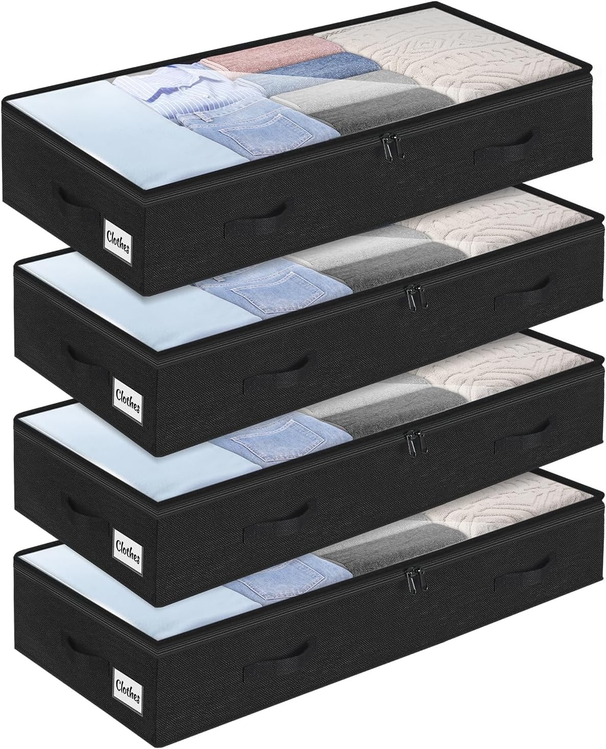 image:image5 Inch Low Profile Under Bed Storage Drawer 2 Pack Lightweight Underbed Clothes Storage Container Bins With NO STURCTURE Shallow Storage Bag for Dorm amp Home With Clear Lids amp WaterResistant FabricSoftBlack4 Pack