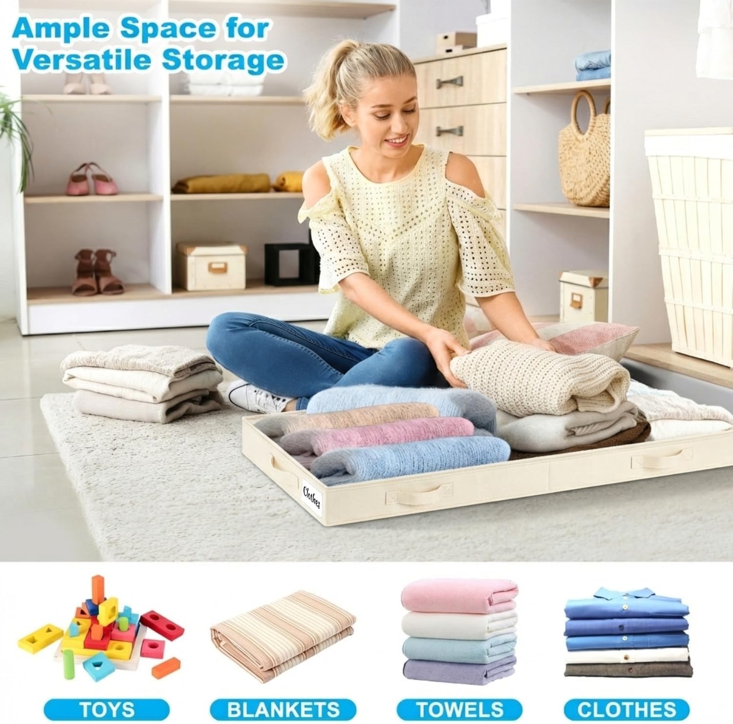 image:image5 Inch Low Profile Under Bed Storage Drawer 2 Pack Lightweight Underbed Clothes Storage Container Bins With NO STURCTURE Shallow Storage Bag for Dorm amp Home With Clear Lids amp WaterResistant FabricSoftWhite2 Pack