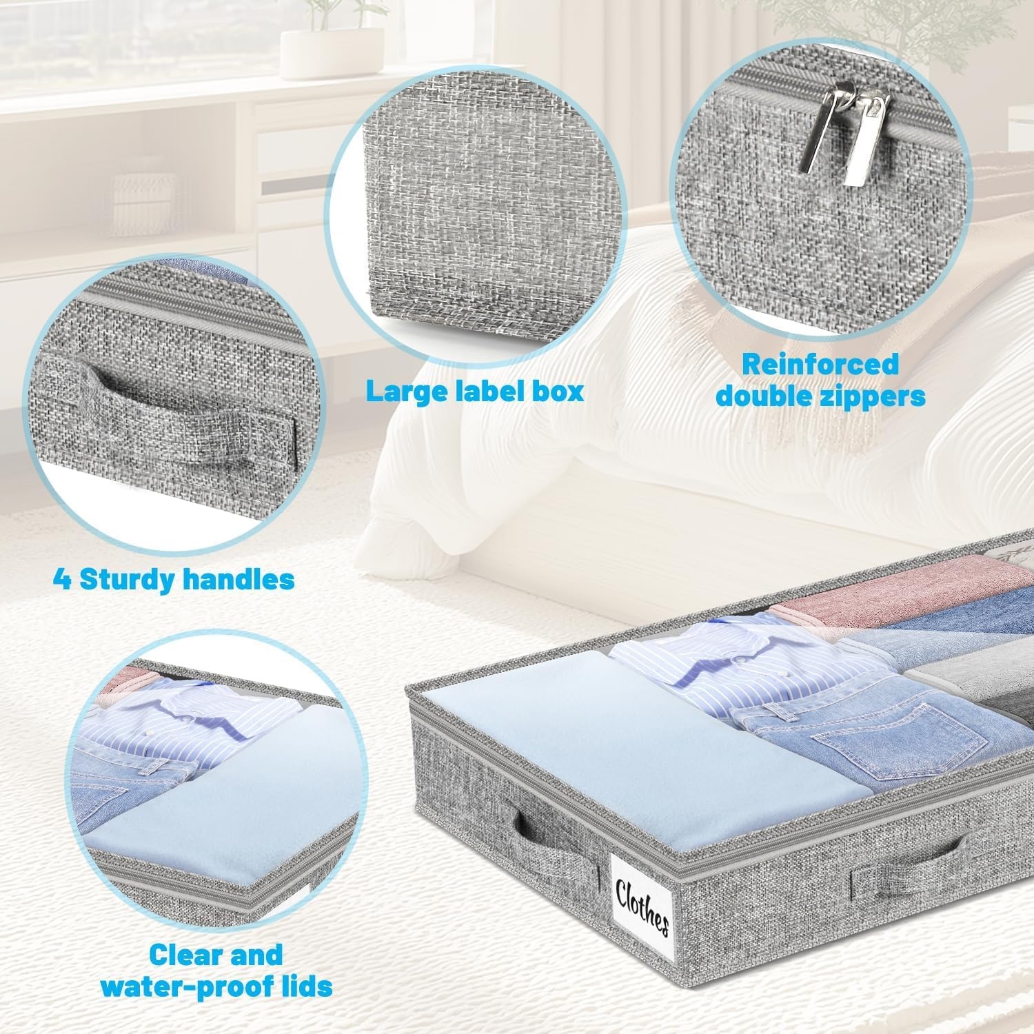 image:image5 Inch Low Profile Under Bed Storage Drawer 2 Pack Lightweight Underbed Clothes Storage Container Bins With NO STURCTURE Shallow Storage Bag for Dorm amp Home With Clear Lids amp WaterResistant FabricSoftGray4 Pack