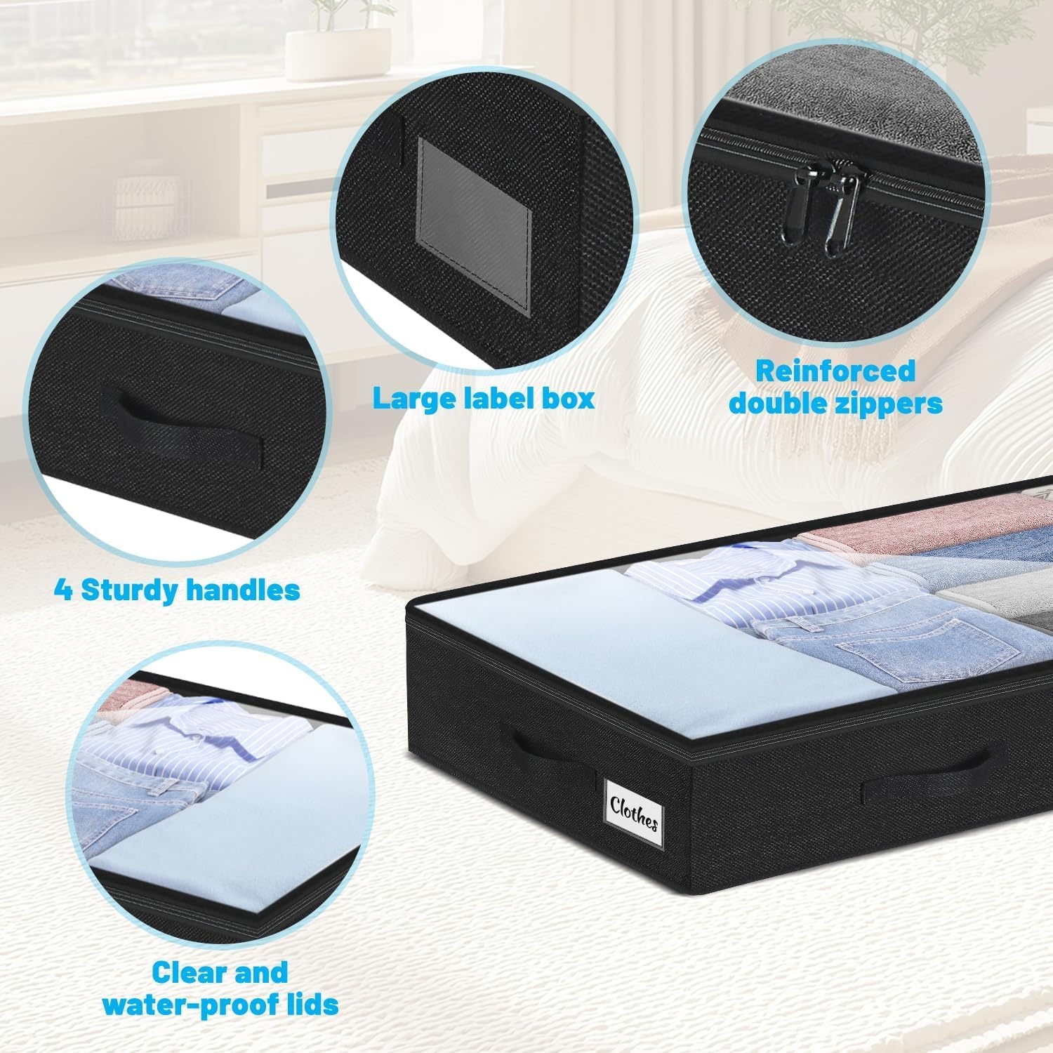 image:image5 Inch Low Profile Under Bed Storage Drawer 2 Pack Lightweight Underbed Clothes Storage Container Bins With NO STURCTURE Shallow Storage Bag for Dorm amp Home With Clear Lids amp WaterResistant FabricSoftBlack4 Pack