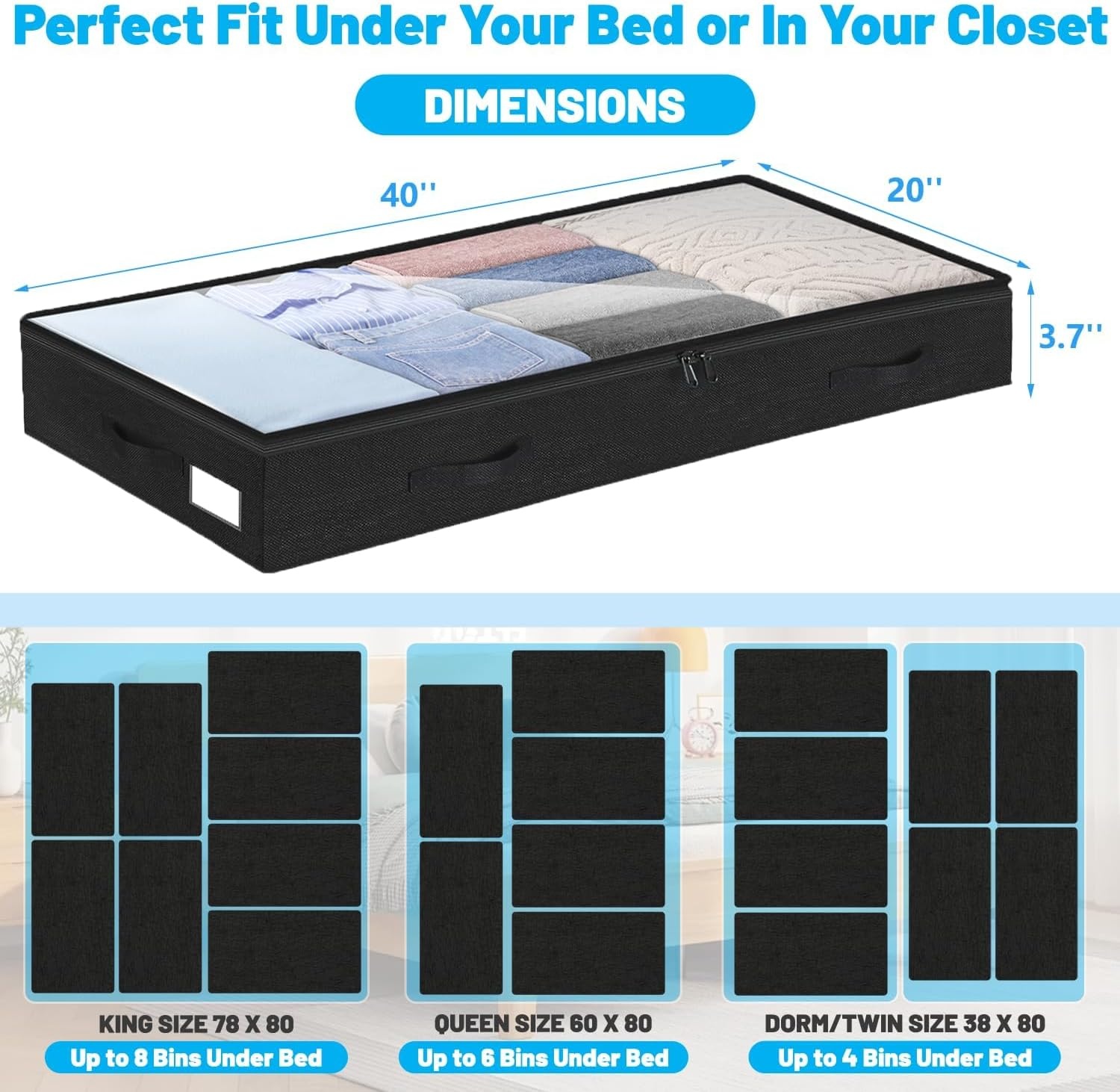 image:image5 Inch Low Profile Under Bed Storage Drawer 2 Pack Lightweight Underbed Clothes Storage Container Bins With NO STURCTURE Shallow Storage Bag for Dorm amp Home With Clear Lids amp WaterResistant FabricSoftBlack4 Pack
