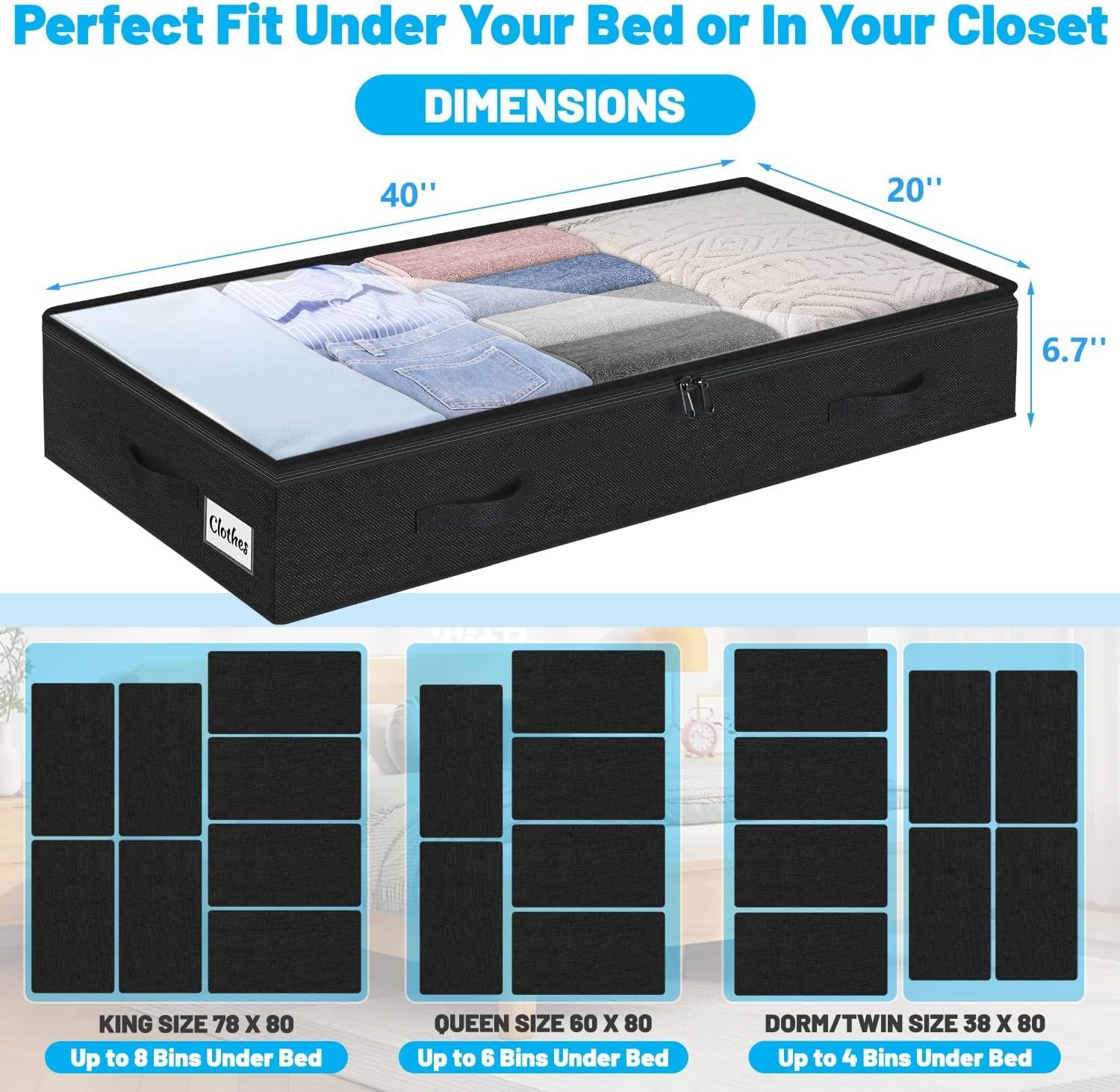image:image5 Inch Low Profile Under Bed Storage Drawer 2 Pack Lightweight Underbed Clothes Storage Container Bins With NO STURCTURE Shallow Storage Bag for Dorm amp Home With Clear Lids amp WaterResistant FabricSoftBlack2 Pack