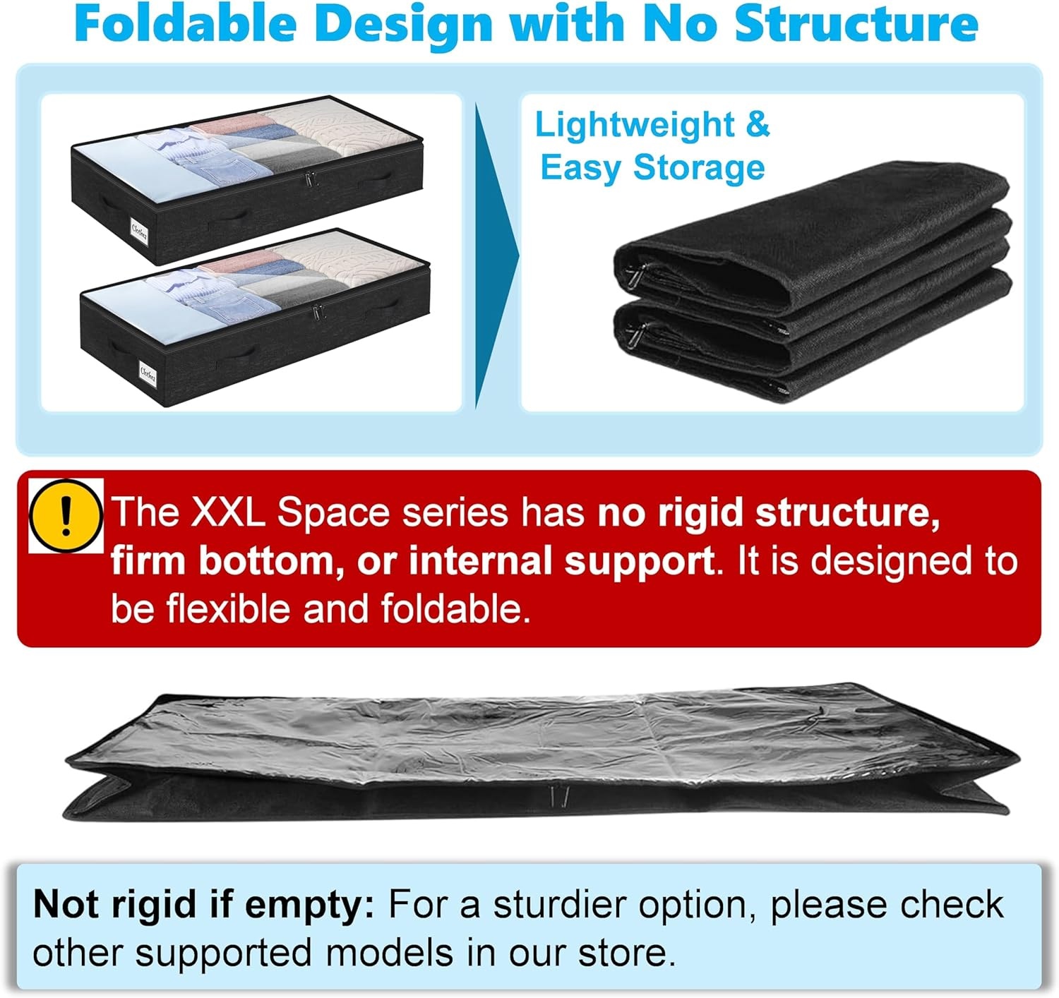 image:image5 Inch Low Profile Under Bed Storage Drawer 2 Pack Lightweight Underbed Clothes Storage Container Bins With NO STURCTURE Shallow Storage Bag for Dorm amp Home With Clear Lids amp WaterResistant FabricSoftBlack4 Pack