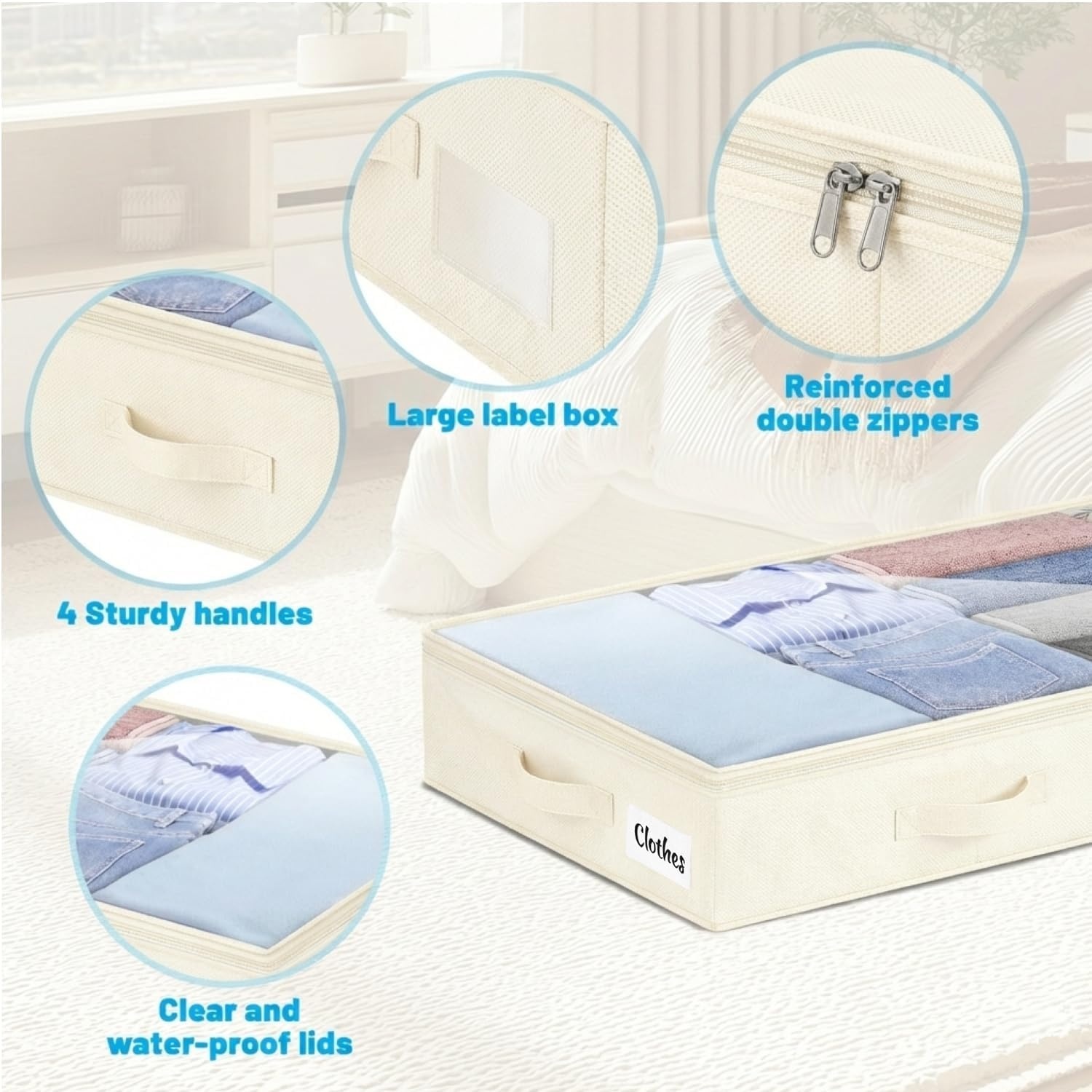 image:image5 Inch Low Profile Under Bed Storage Drawer 2 Pack Lightweight Underbed Clothes Storage Container Bins With NO STURCTURE Shallow Storage Bag for Dorm amp Home With Clear Lids amp WaterResistant FabricSoftWhite2 Pack