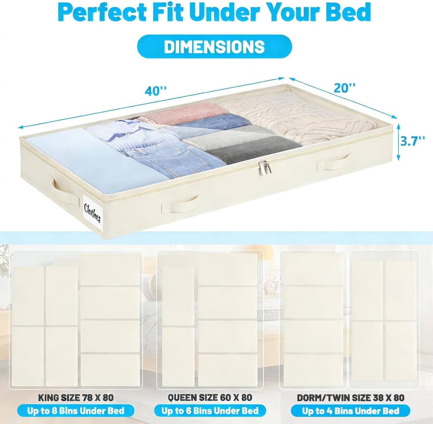 image:image5 Inch Low Profile Under Bed Storage Drawer 2 Pack Lightweight Underbed Clothes Storage Container Bins With NO STURCTURE Shallow Storage Bag for Dorm amp Home With Clear Lids amp WaterResistant FabricSoftWhite4 Pack
