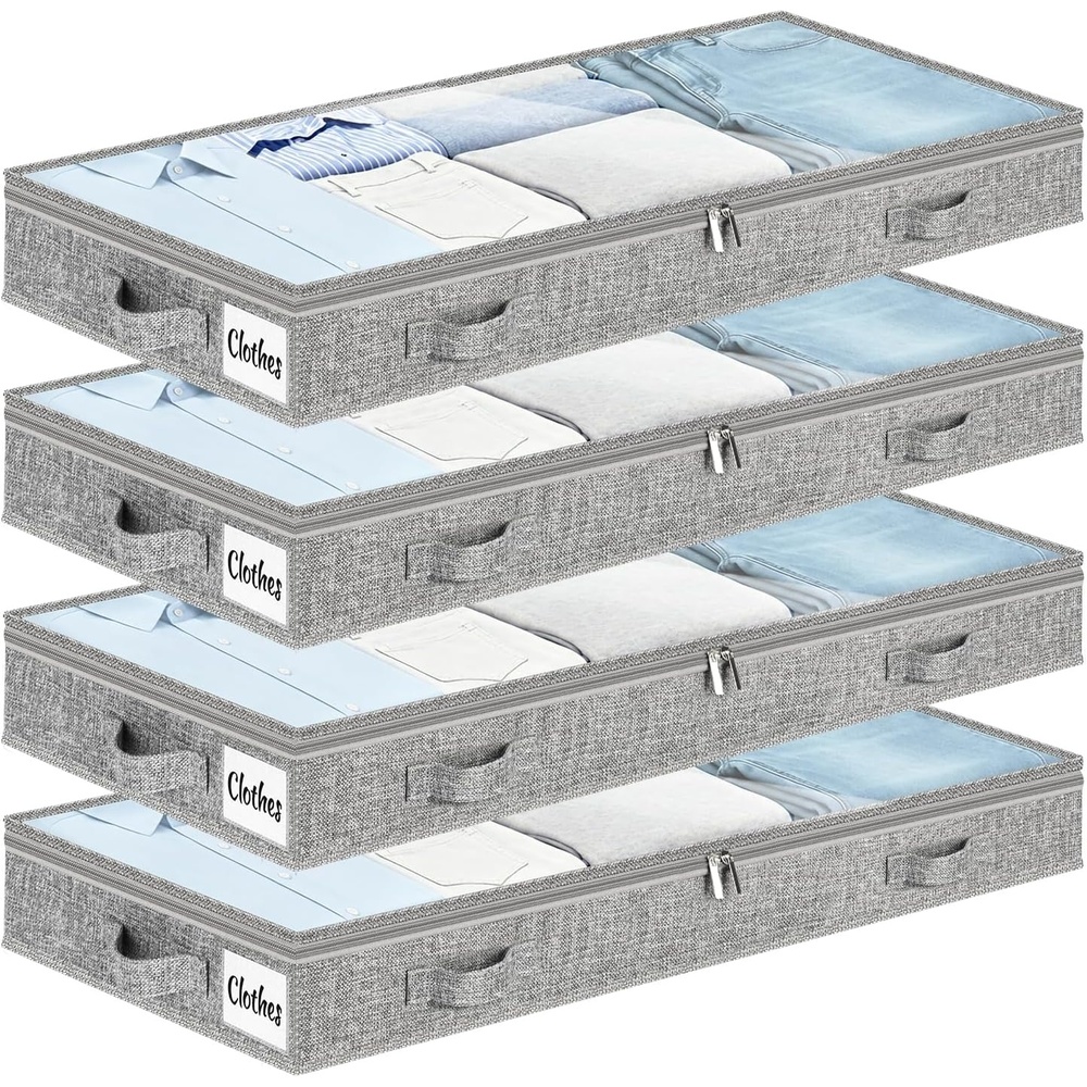 image:image5 Inch Low Profile Under Bed Storage Drawer 2 Pack Lightweight Underbed Clothes Storage Container Bins With NO STURCTURE Shallow Storage Bag for Dorm amp Home With Clear Lids amp WaterResistant FabricSoftGray4 Pack