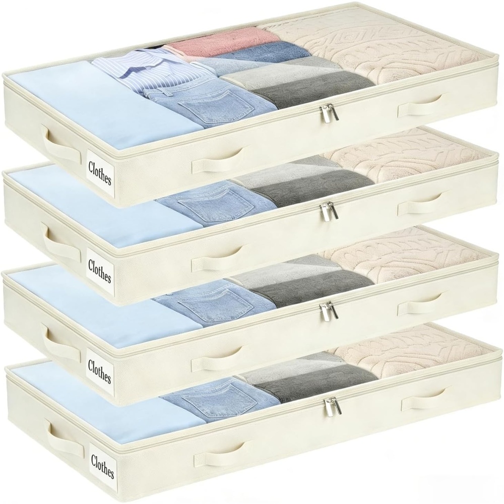 image:image5 Inch Low Profile Under Bed Storage Drawer 2 Pack Lightweight Underbed Clothes Storage Container Bins With NO STURCTURE Shallow Storage Bag for Dorm amp Home With Clear Lids amp WaterResistant FabricSoftWhite4 Pack