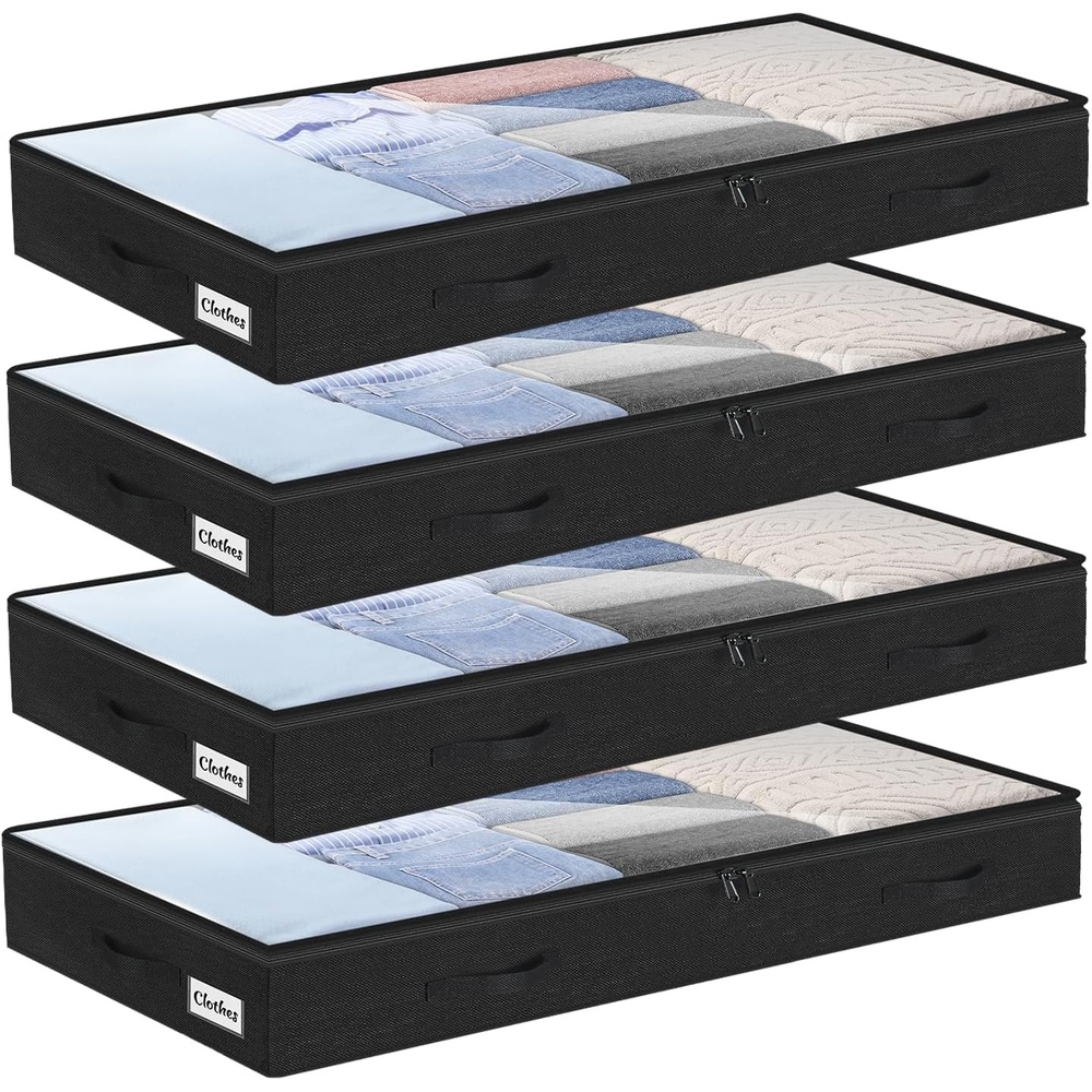 image:image5 Inch Low Profile Under Bed Storage Drawer 2 Pack Lightweight Underbed Clothes Storage Container Bins With NO STURCTURE Shallow Storage Bag for Dorm amp Home With Clear Lids amp WaterResistant FabricSoftBlack4 Pack