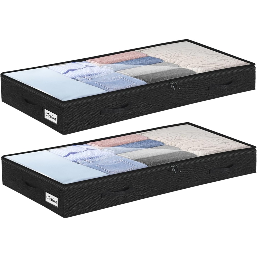 image:image5 Inch Low Profile Under Bed Storage Drawer 2 Pack Lightweight Underbed Clothes Storage Container Bins With NO STURCTURE Shallow Storage Bag for Dorm amp Home With Clear Lids amp WaterResistant FabricSoftBlack2 Pack
