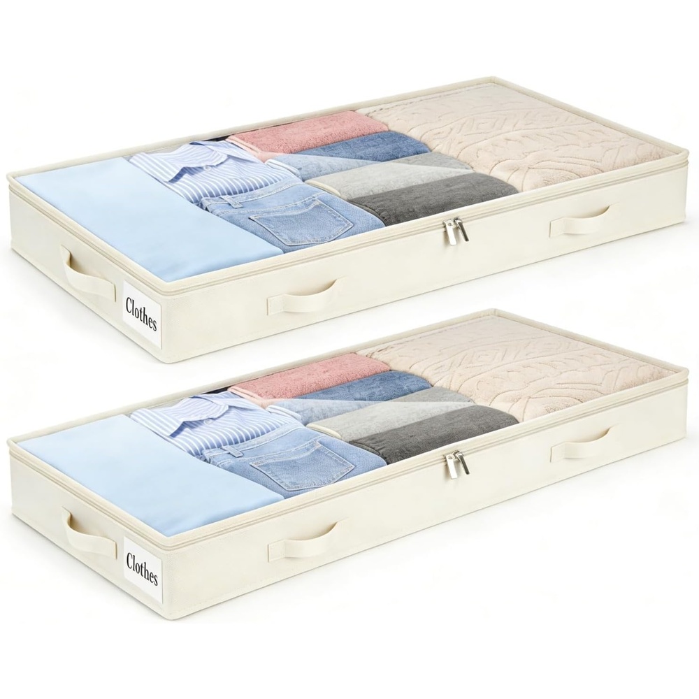 image:image5 Inch Low Profile Under Bed Storage Drawer 2 Pack Lightweight Underbed Clothes Storage Container Bins With NO STURCTURE Shallow Storage Bag for Dorm amp Home With Clear Lids amp WaterResistant FabricSoftWhite2 Pack