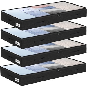5 Inch Low Profile Under Bed Storage Drawer 2 Pack, Lightweight Underbed Clothes Storage Container Bins With NO STURCTURE, Shallow Storage Bag for Dorm & Home, With Clear Lids & Water-Resistant Fabric(Soft-Black-4 Pack)